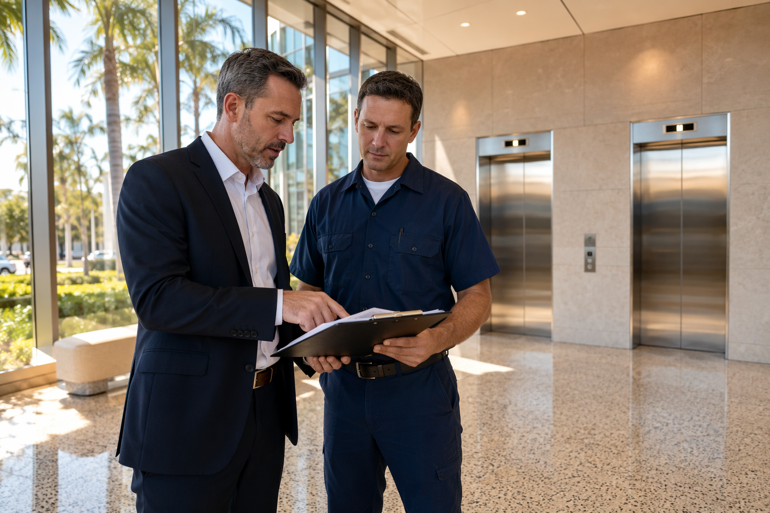Building manager and elevator technician reviewing a service contract in a Florida office lobby, weighing OEM vs independent elevator service options