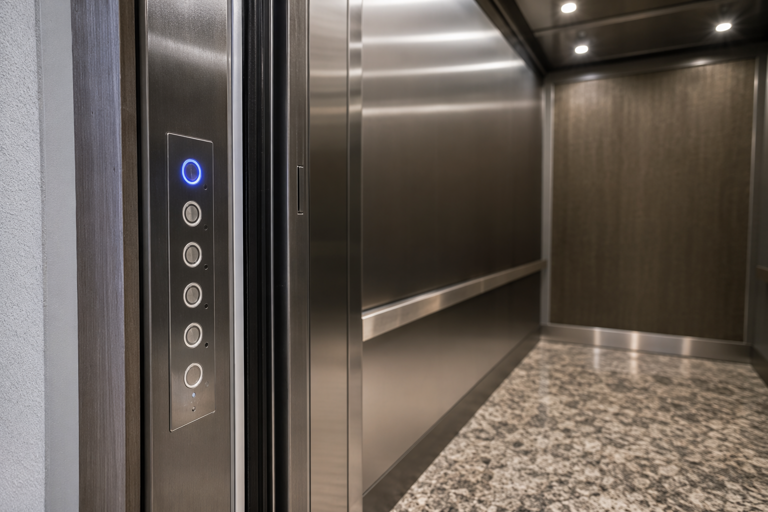 Modernized elevator cab interior with stainless-steel panels and LED controls, representing multi-brand independent elevator service coverage in Florida