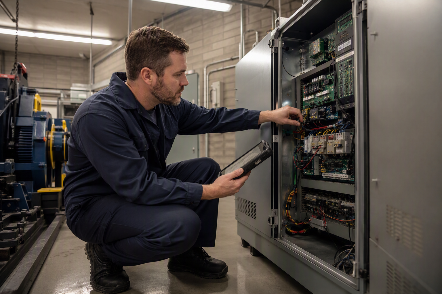 Elevator technician inspecting machine room controller in a Florida commercial building, a key task in both OEM and independent elevator service maintenance