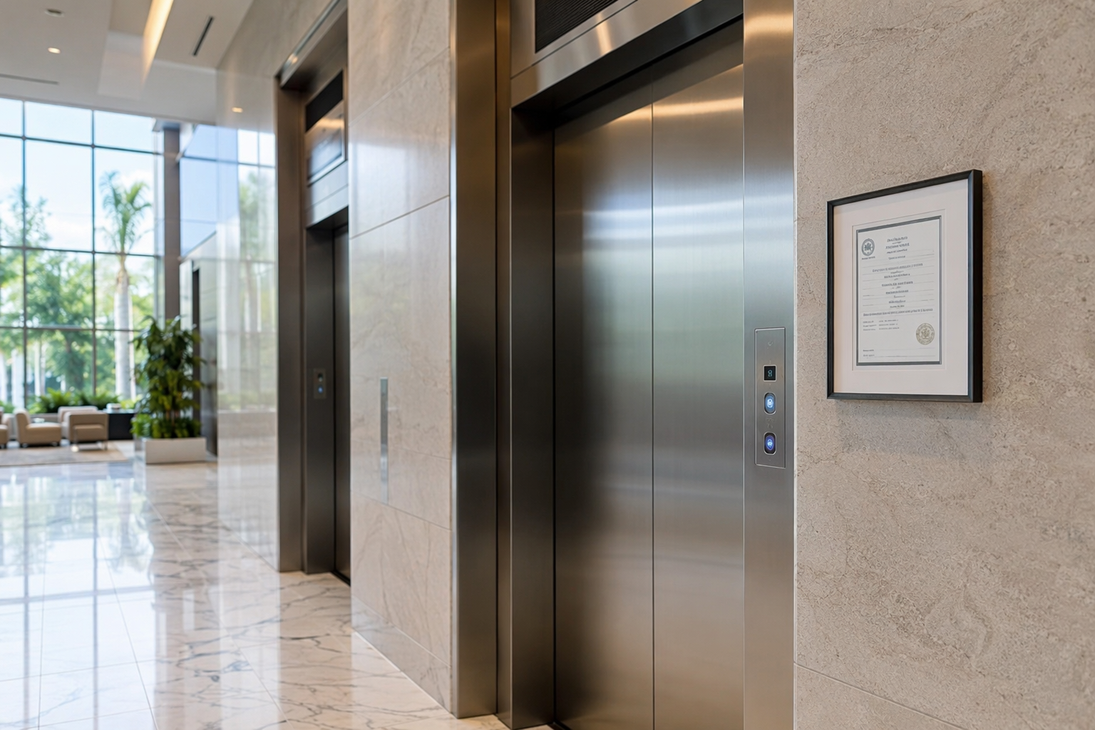 Florida office building elevator lobby showing DBPR Certificate of Operation posted beside stainless steel elevator doors, illustrating annual inspection schedule compliance requirements.