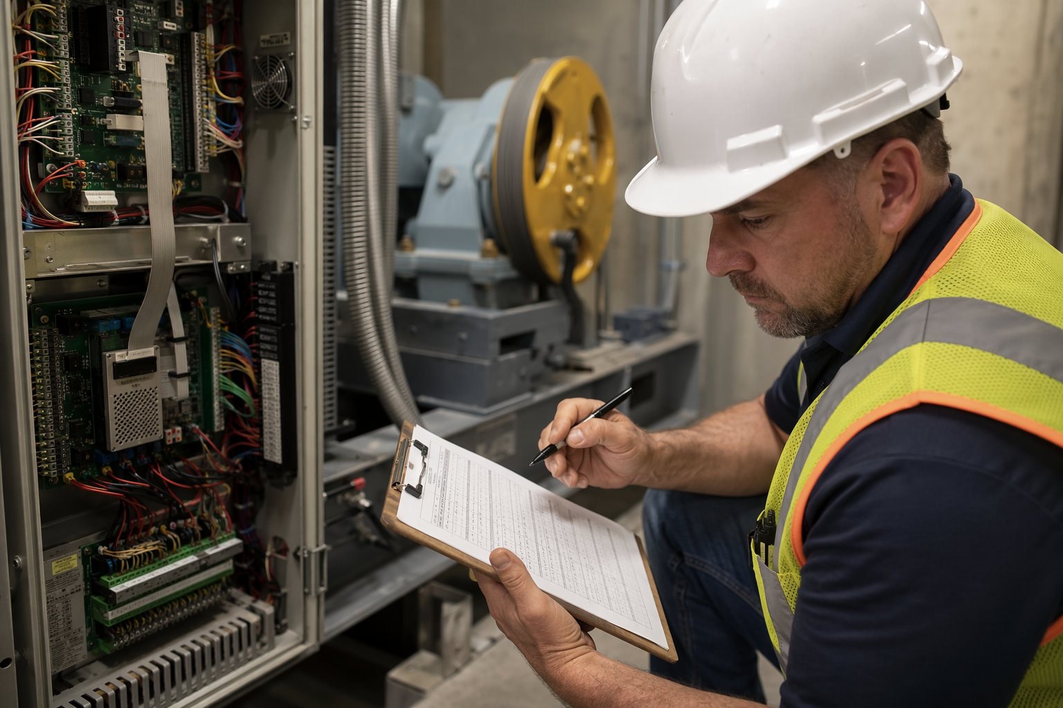 Licensed elevator inspector reviewing ASME A17.1 Category 1 annual inspection checklist beside a traction elevator controller in a commercial office building machine room.