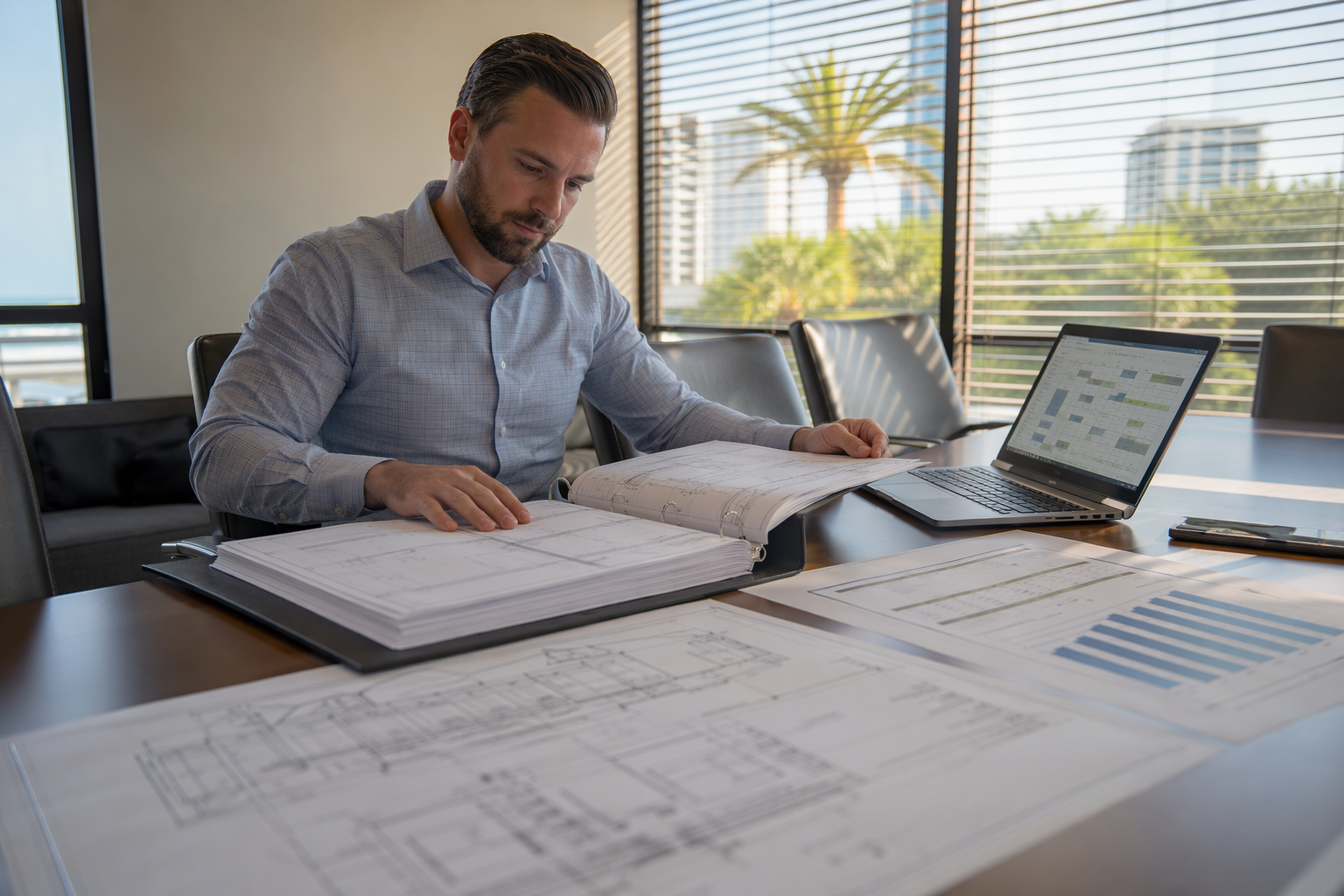 Office building property manager reviewing elevator inspection schedule binder and five-year Category 5 load test compliance calendar at a desk in a Sarasota Florida commercial office.