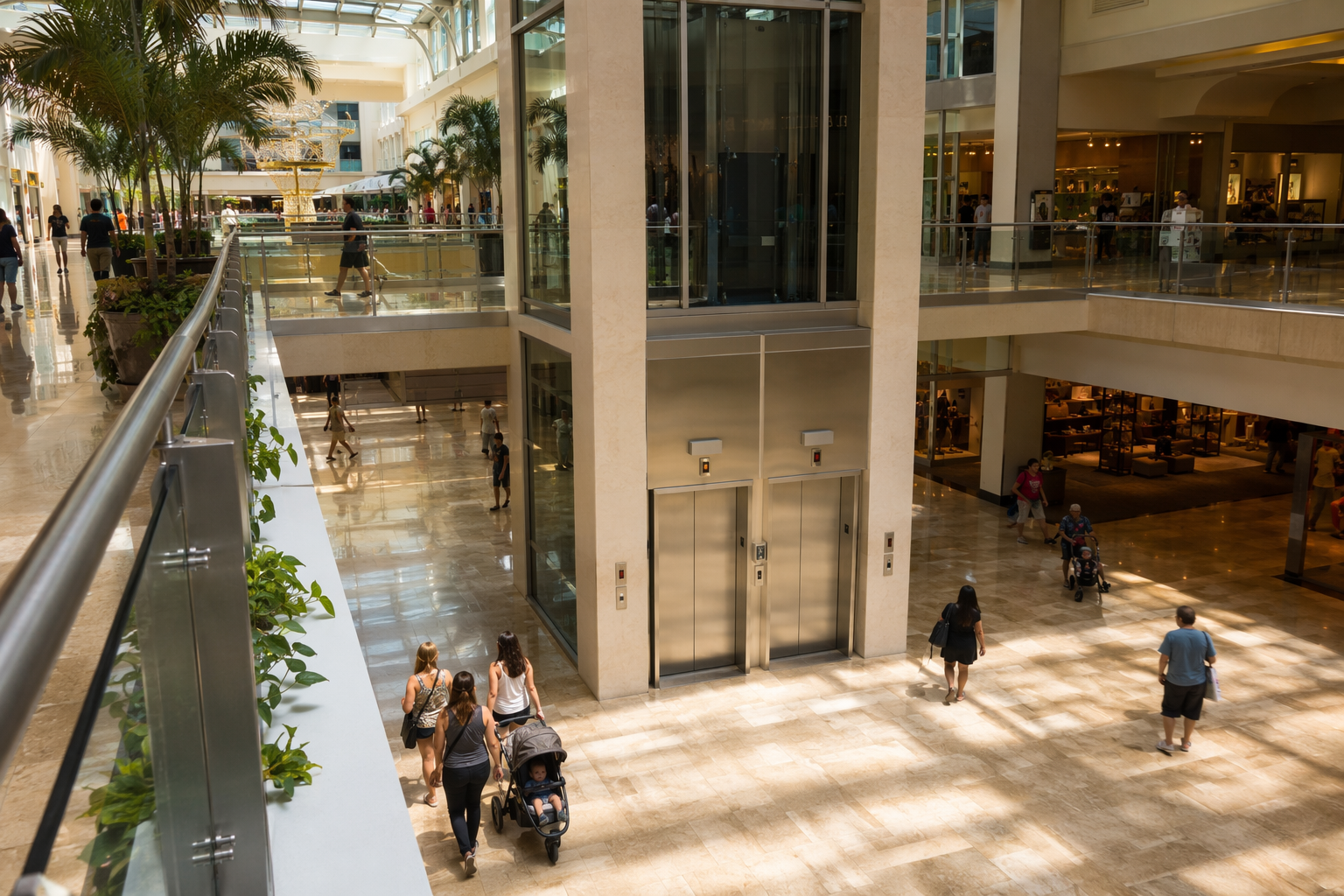 Multi-level Florida retail shopping center elevator bank with stainless steel doors and high-traffic shopper activity, illustrating retail elevator maintenance standards compliance needs.
