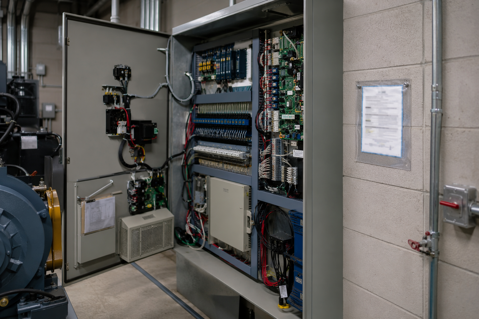 Open elevator controller cabinet and Florida DBPR certificate of operation mounted in a retail property machine room, representing regulatory compliance under ASME A17.1 retail elevator maintenance st