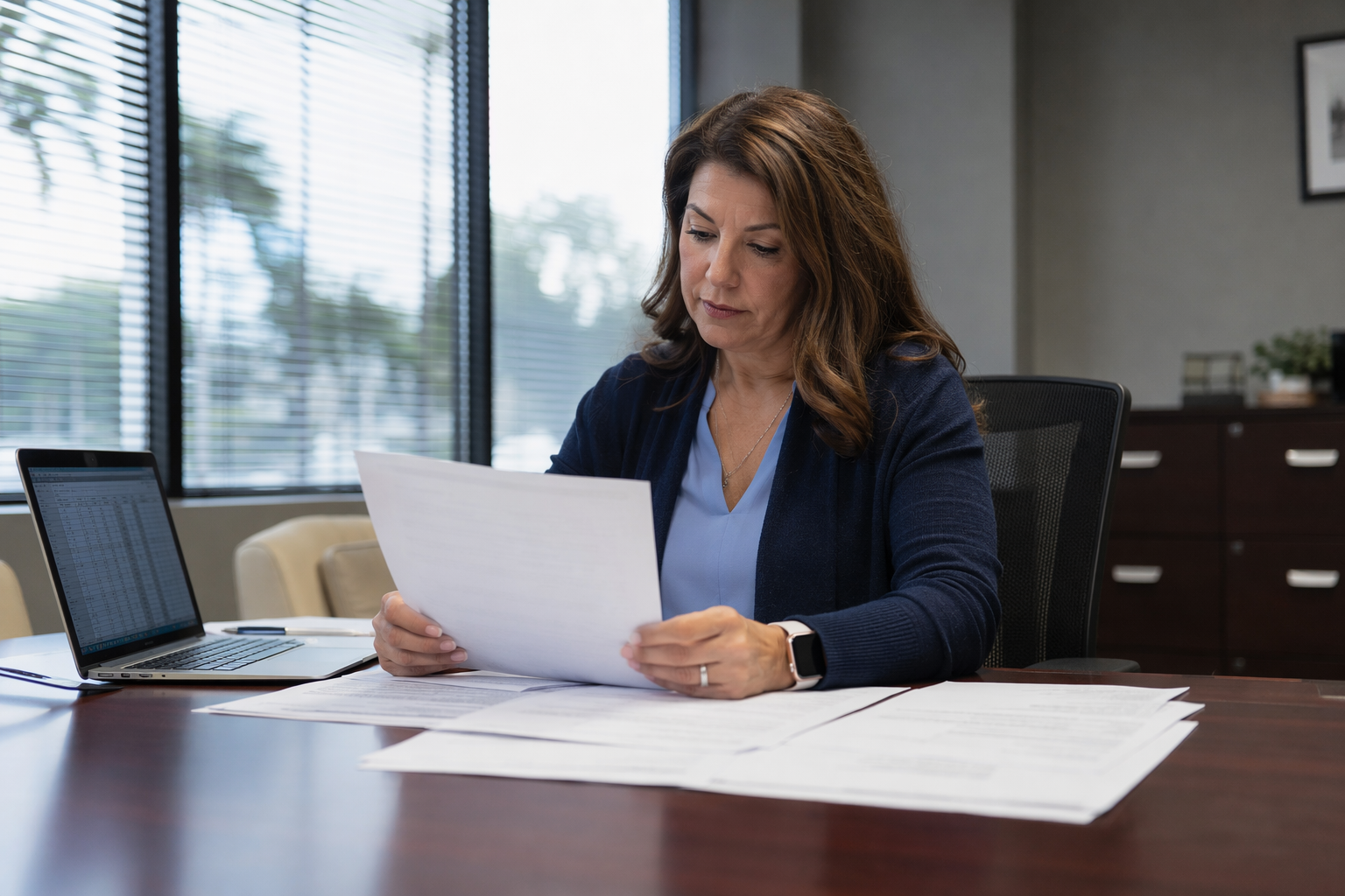 Retail property manager reviewing elevator maintenance contract documents at a Florida office desk, comparing preventive versus reactive service agreement terms and retail elevator maintenance standar
