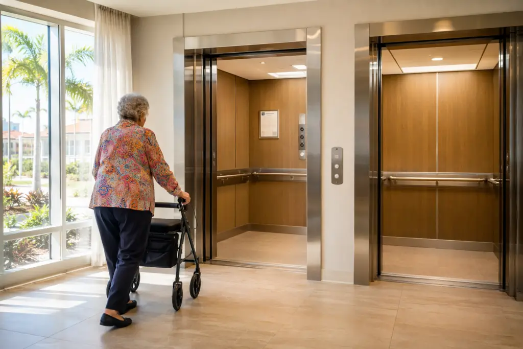 ADA-compliant senior living elevator lobby in a Florida assisted living facility with open stainless-steel cab doors, handrails, and wide accessible entry.