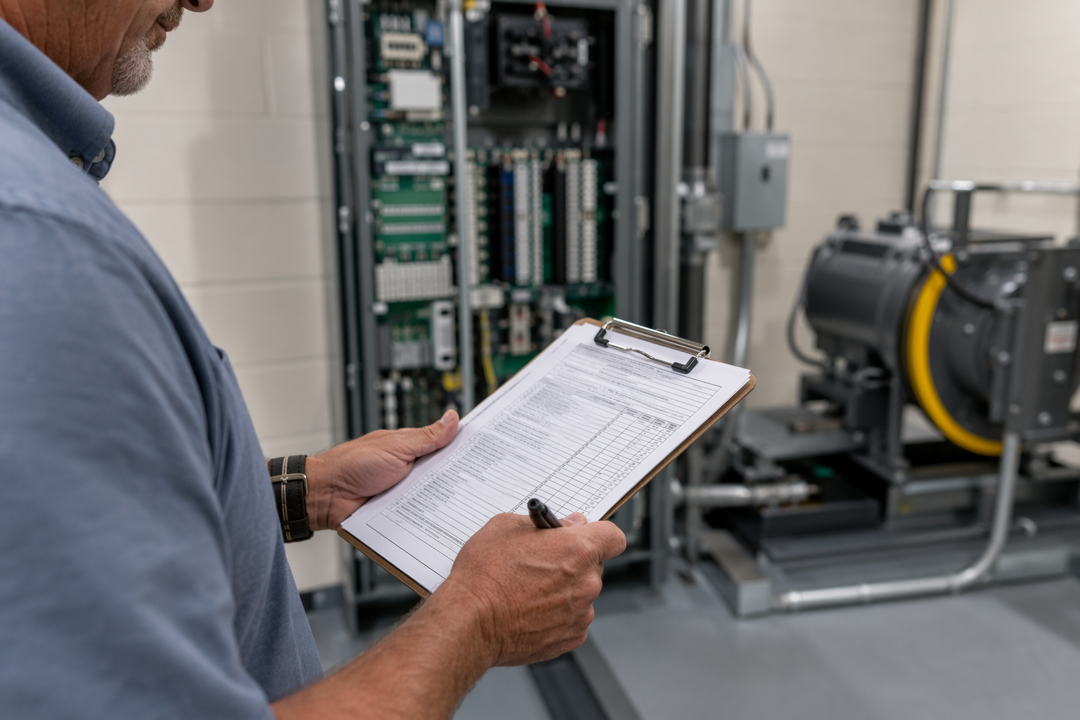 Licensed elevator inspector reviewing compliance checklist beside a traction elevator controller in a Florida senior living facility machine room.