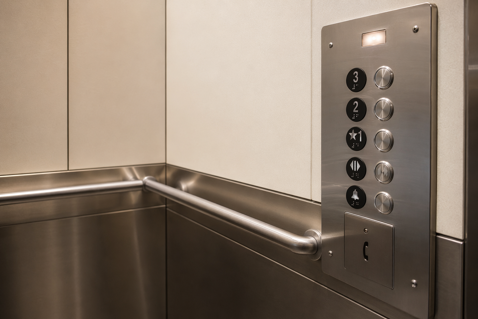 ADA Elevator Control Panel — Senior Living ADA-compliant elevator control panel inside a senior living facility cab showing tactile Braille buttons, emergency phone, and stainless fixtures meeting Florida elevator requirements.