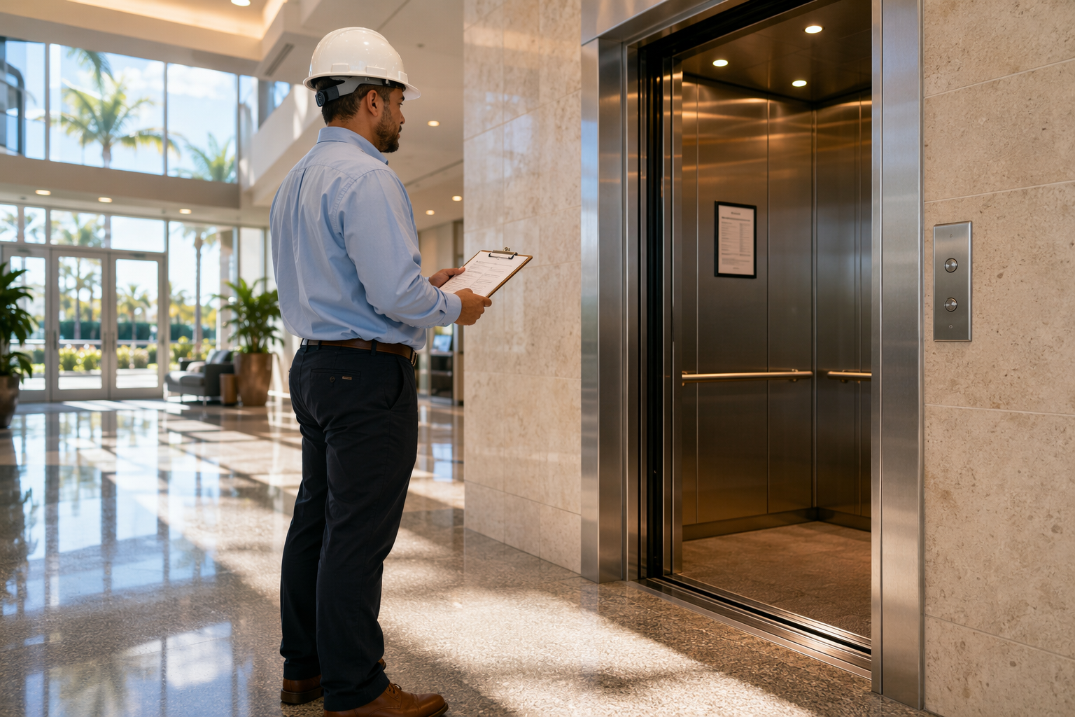Licensed elevator inspector reviewing annual safety inspection checklist in a South Florida commercial building lobby, illustrating state elevator inspection frequency requirements.