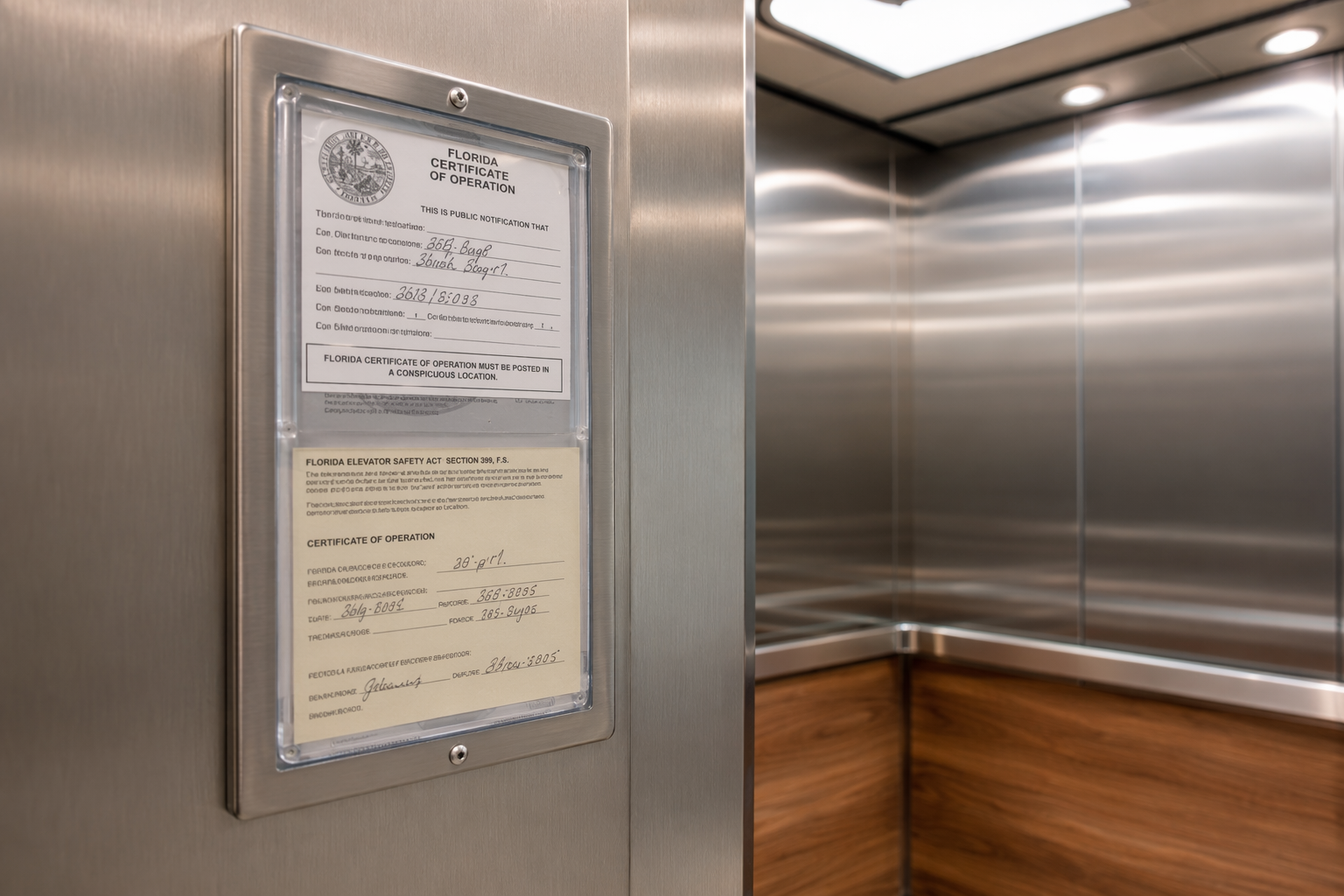 Close-up of an elevator inspection certificate and permit placard mounted inside a commercial elevator cab, showing compliance with state-mandated inspection frequency regulations.