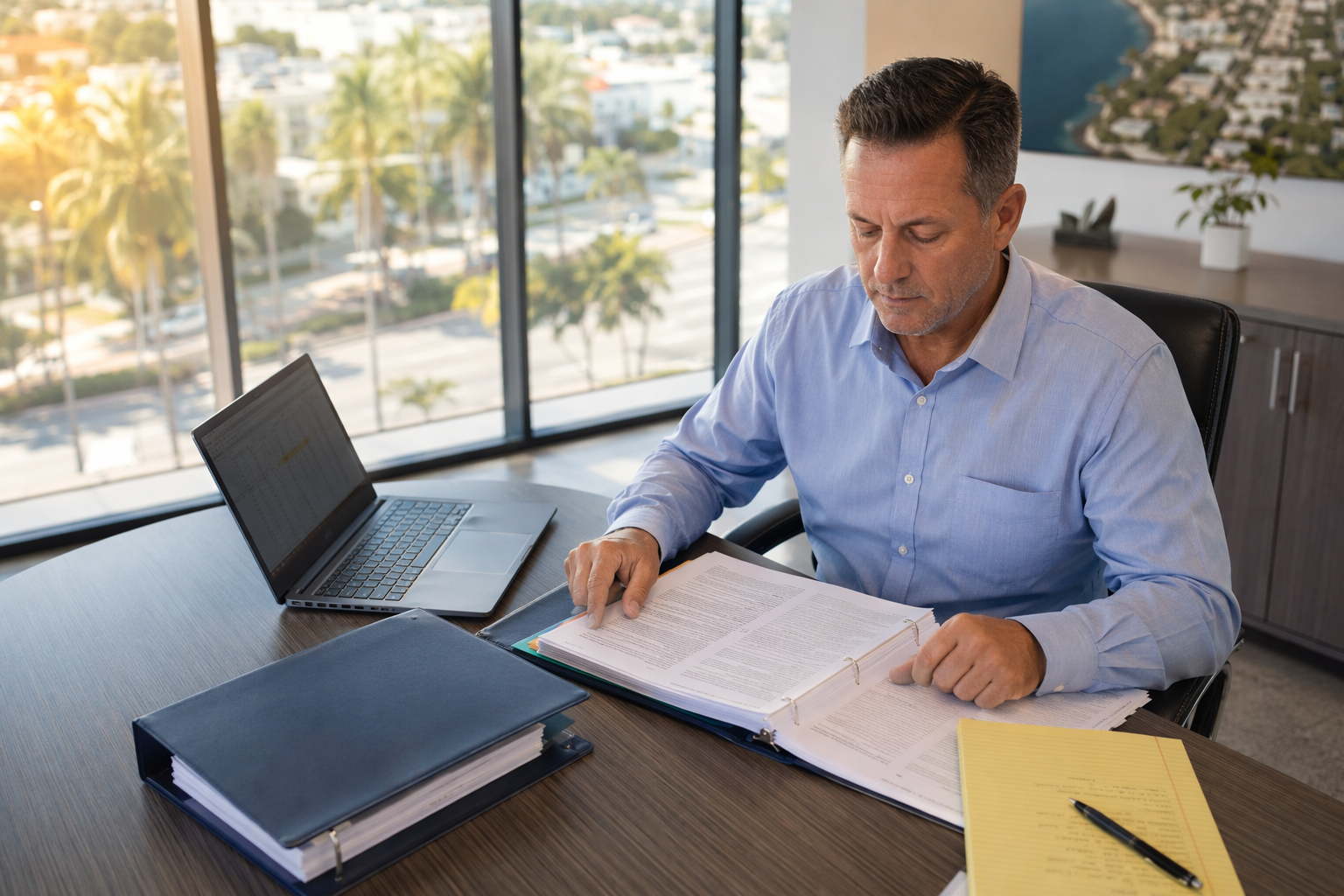 Building facility manager in a Sarasota FL office reviewing ASME A17.1 elevator inspection category schedules and compliance timelines for state elevator inspection frequency planning.