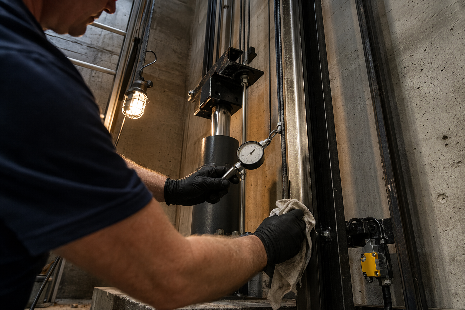 Elevator technician servicing hydraulic elevator guide rail and governor rope assembly during preventive maintenance visit — elevator PM service Pompano Beach Florida