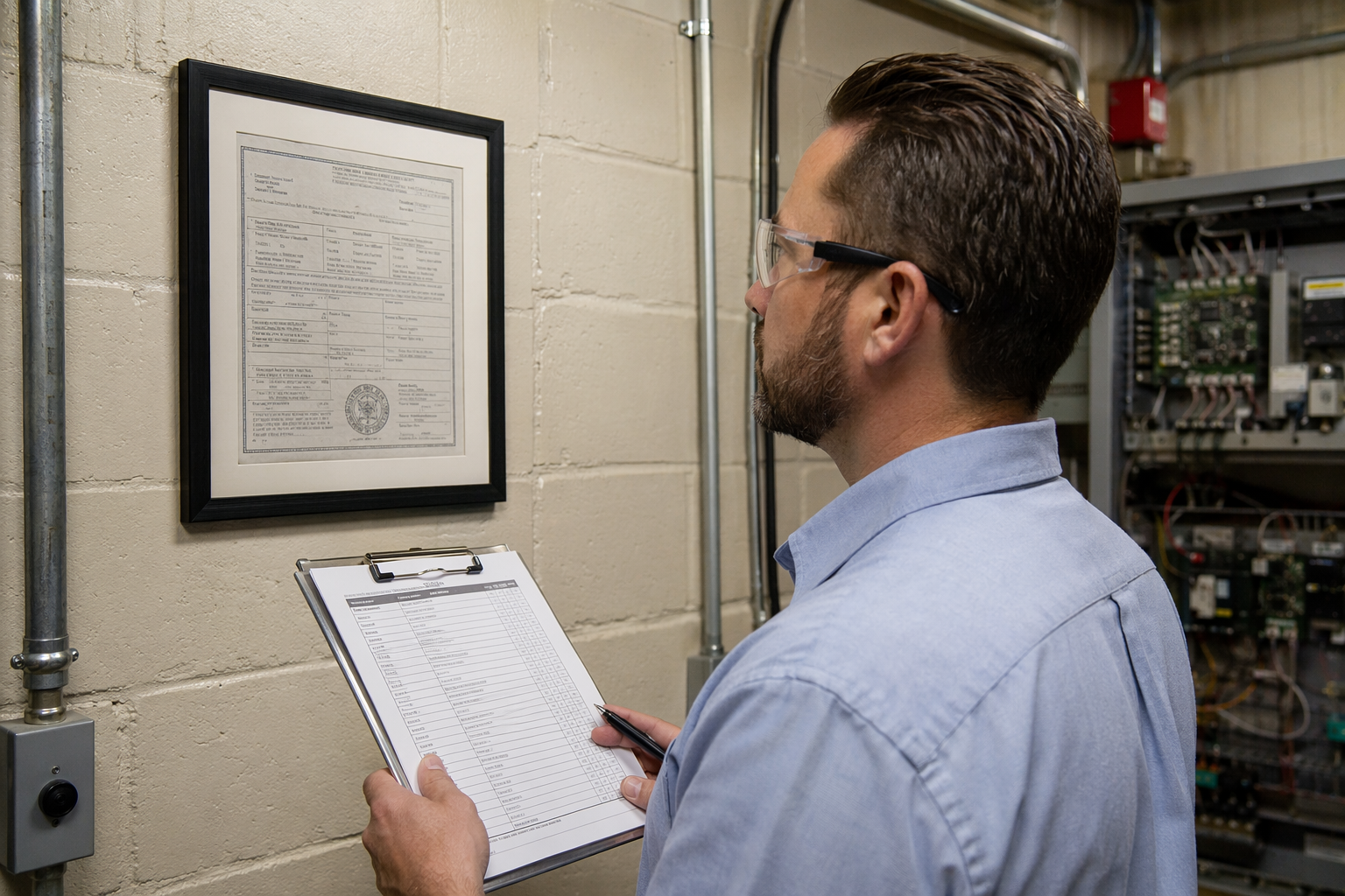 QEI elevator inspector reviewing Florida DBPR annual inspection certificate in a traction elevator machine room — elevator inspection compliance Pompano Beach FL