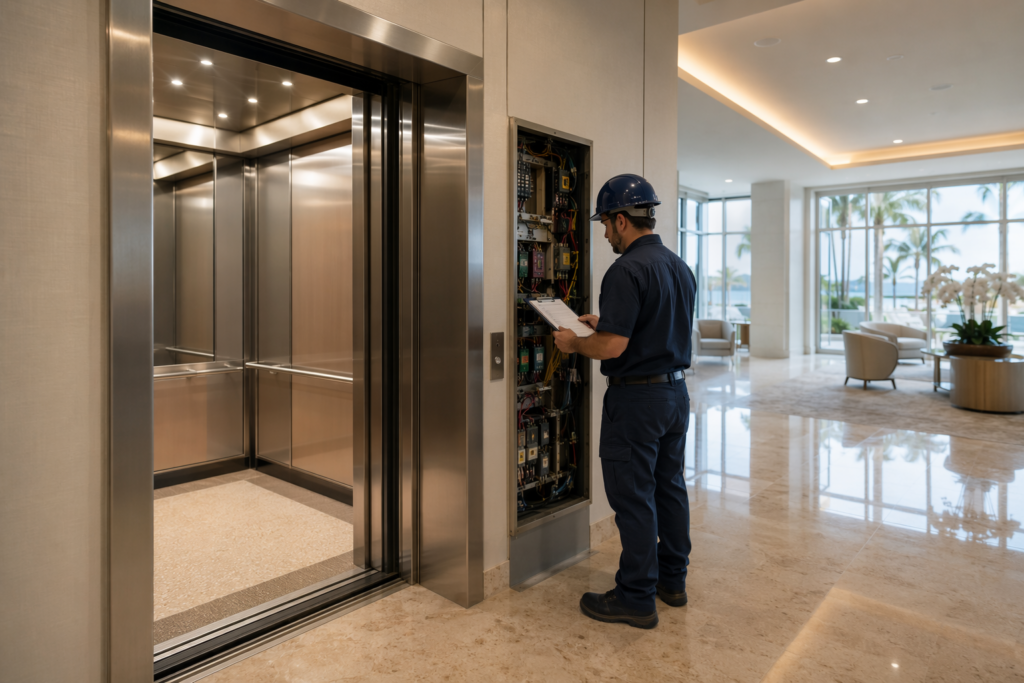 IUEC-certified elevator technician performing preventive maintenance inspection at a Sarasota FL luxury condominium lobby, top rated elevator maintenance company Sarasota