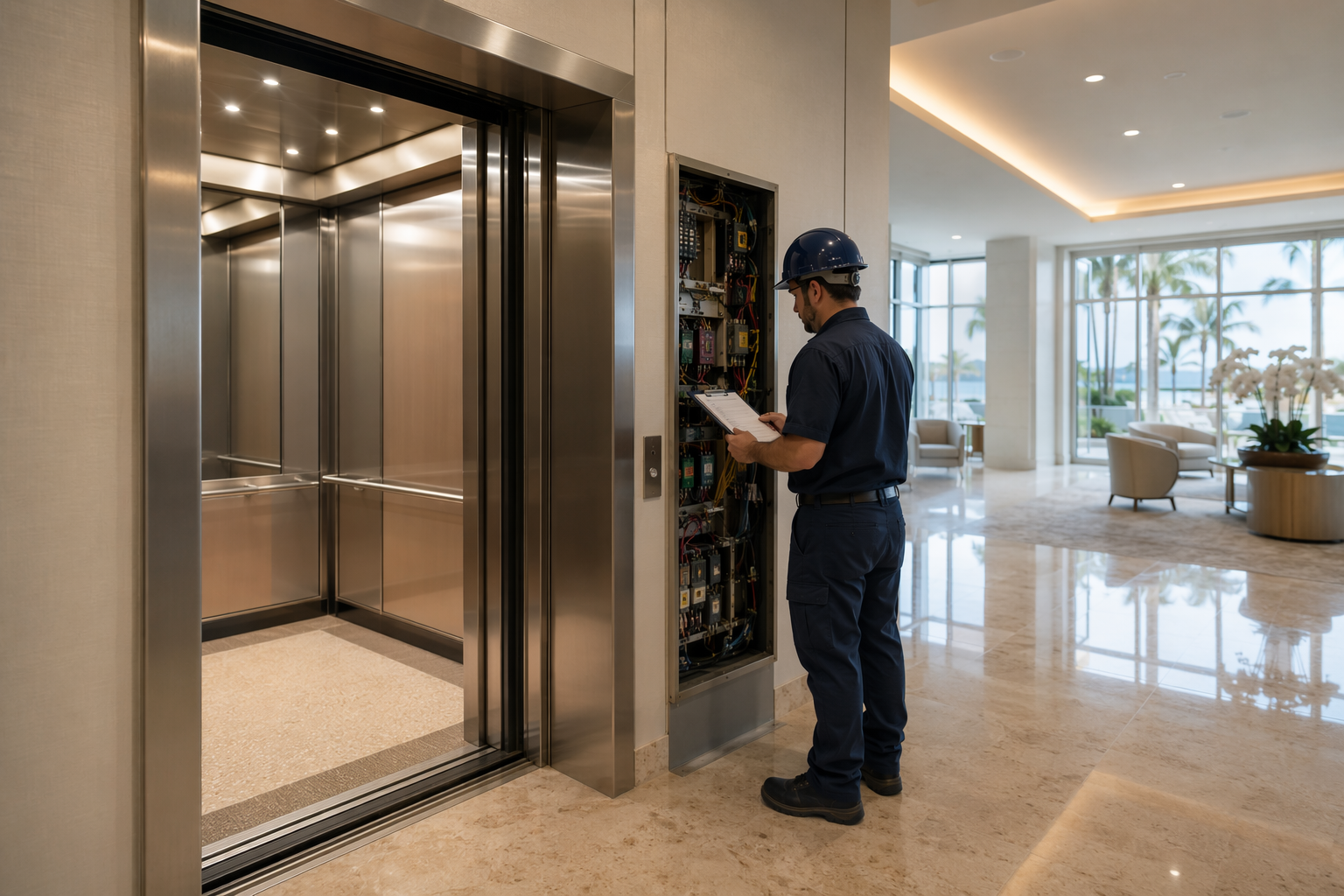 IUEC-certified elevator technician performing preventive maintenance inspection at a Sarasota FL luxury condominium lobby, top rated elevator maintenance company Sarasota
