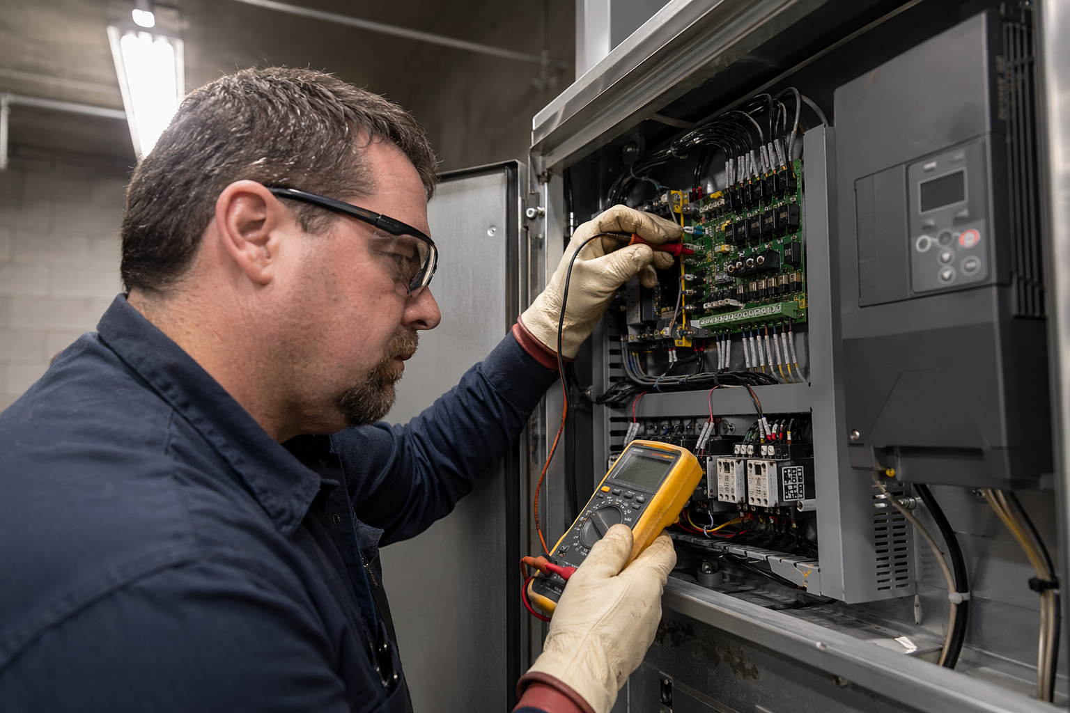 Elevator technician testing machine-room controller with a digital multimeter during a Florida DBPR compliance maintenance check for a Sarasota commercial elevator system