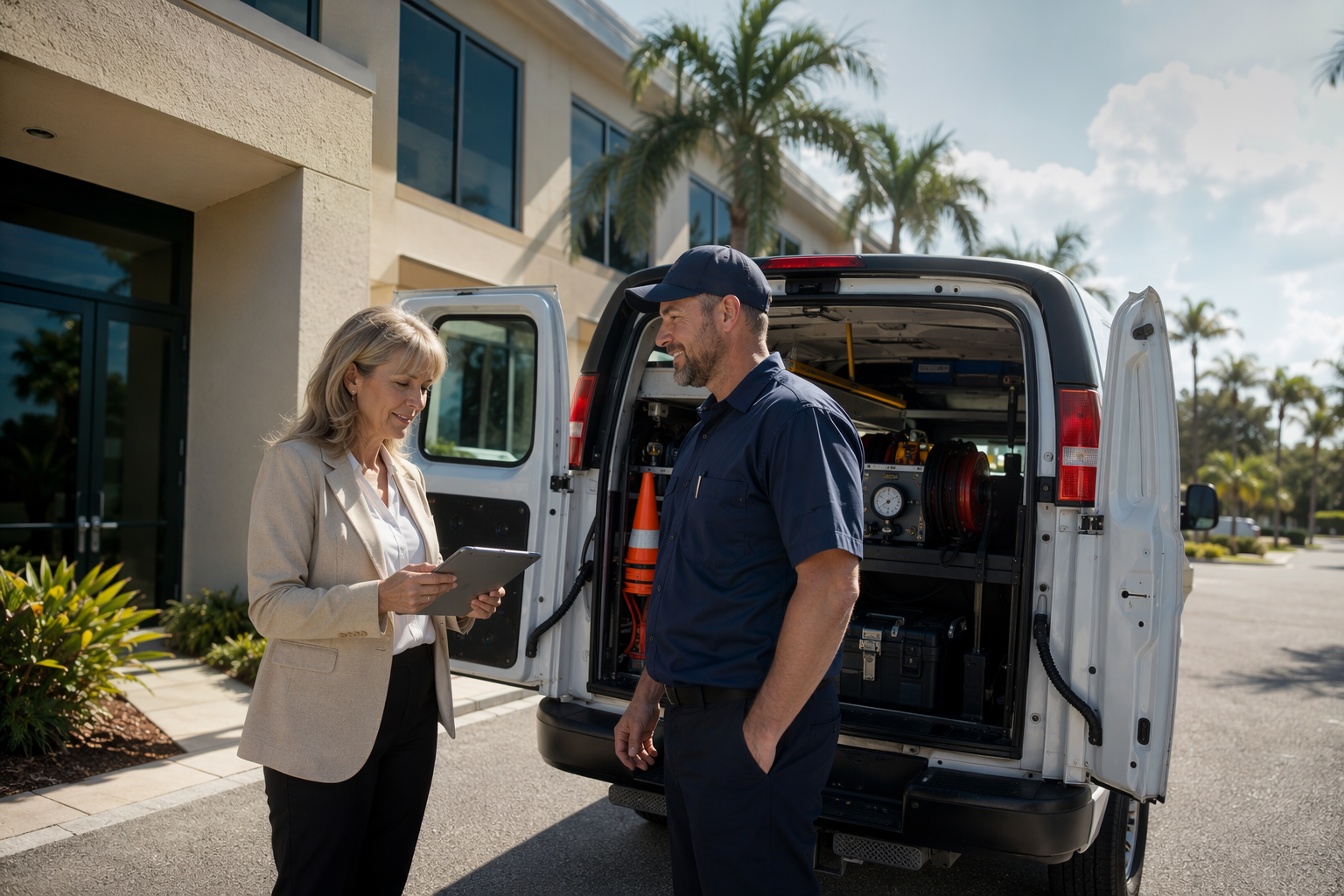 Property manager reviewing elevator maintenance service agreement with Axxiom Elevator Florida technician outside a Sarasota FL commercial office building