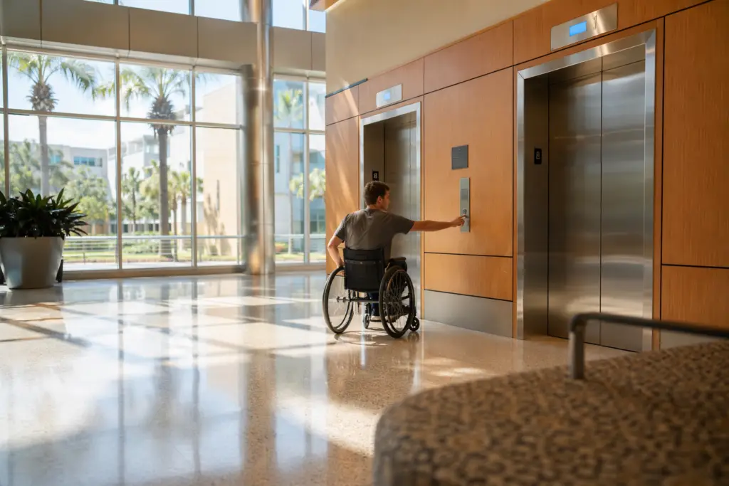 University elevator lobby in Florida showing ADA-compliant call panel height and accessible hall lanterns for students with disabilities
