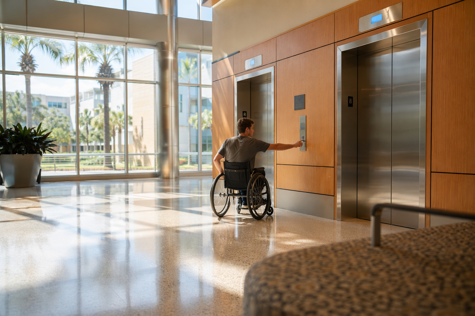 University elevator lobby in Florida showing ADA-compliant call panel height and accessible hall lanterns for students with disabilities