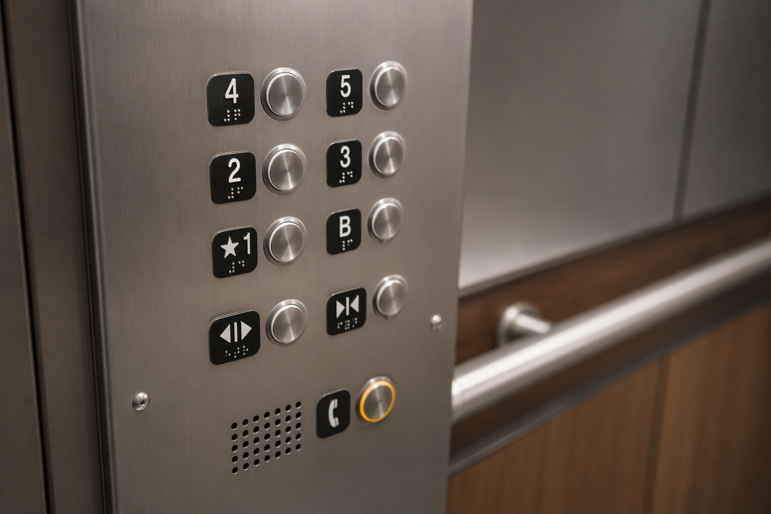 ADA-compliant elevator control panel with Braille buttons and raised characters inside a university campus elevator cab