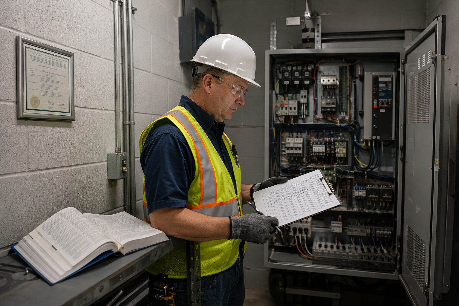 ASME Compliance Inspection Review Elevator inspector reviewing ASME A17.1 compliance documentation in a university campus elevator machine room in Florida