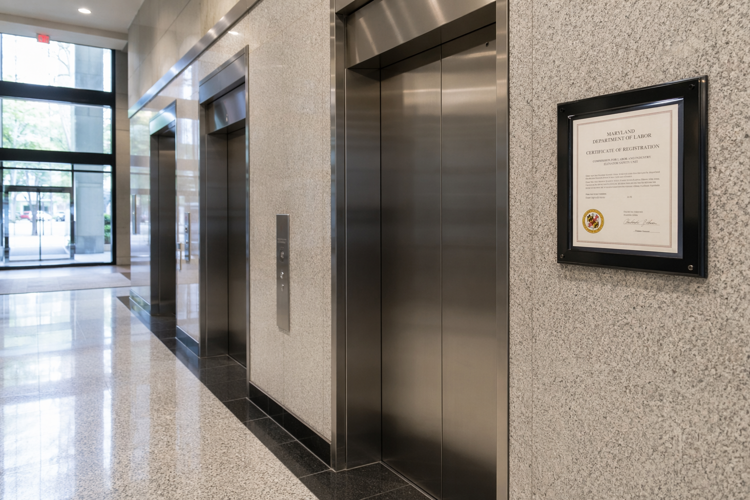 Maryland commercial elevator bank with a state-issued certificate of operation posted on the lobby wall, illustrating AHJ oversight by the Maryland Department of Labor Elevator Safety Program.