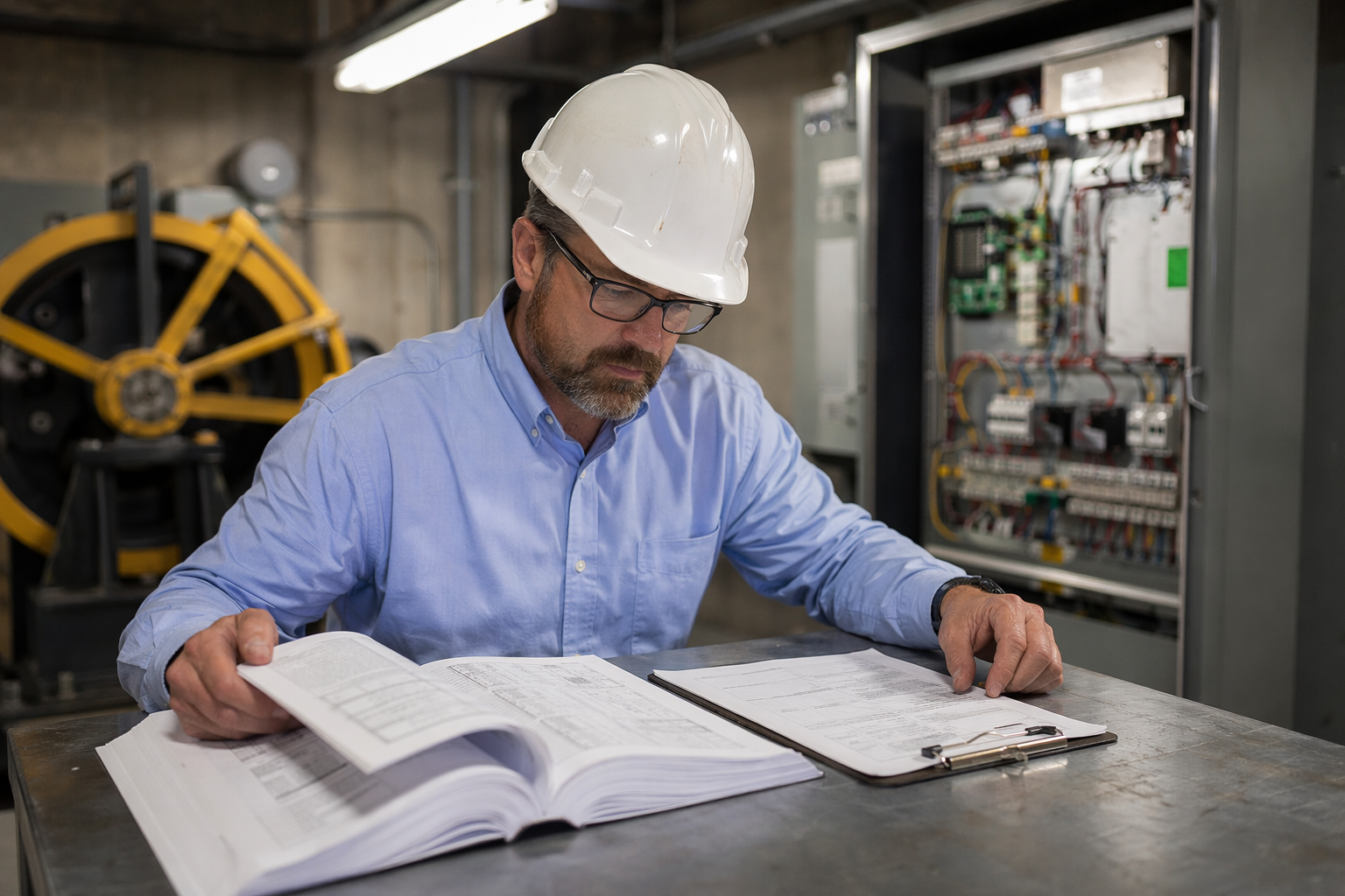A Maryland-licensed elevator inspector reviewing ASME A17.1 code documentation in a traction elevator machine room, reflecting the legal and technical standards enforced by the state AHJ.