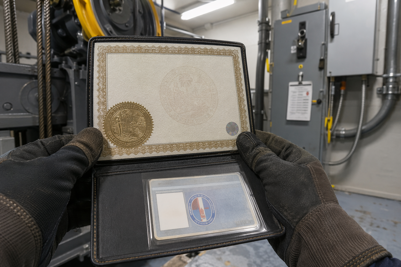 Elevator technician presenting Florida elevator contractor license and IUEC certification credentials inside a commercial elevator machine room