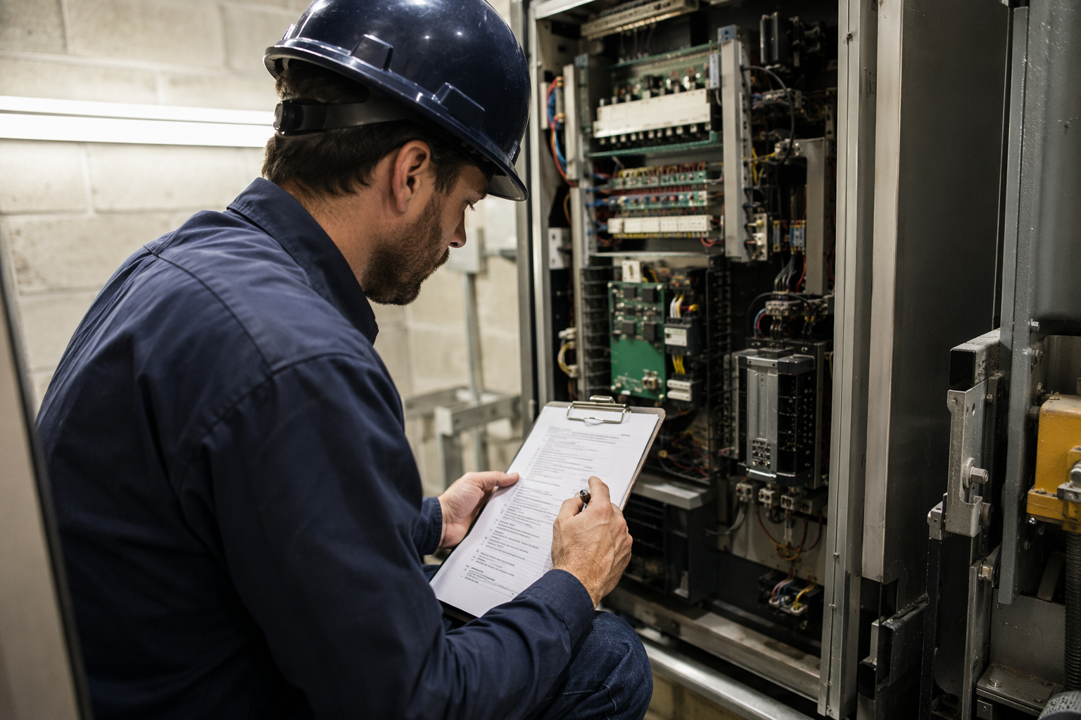 Elevator technician reviewing an out-of-service checklist in a commercial machine room during an immediate breakdown response call in Sarasota FL