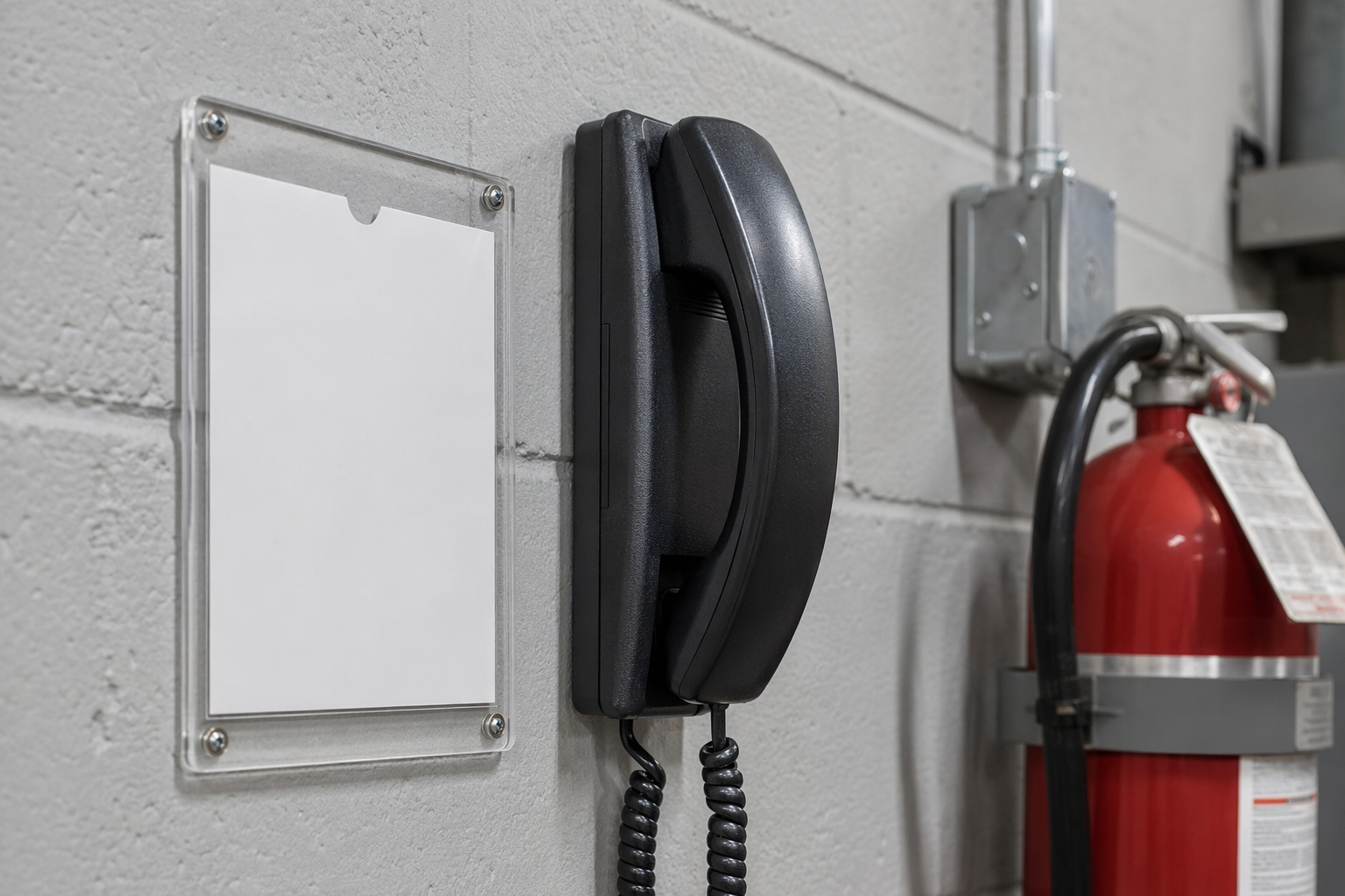 Emergency contact phone and laminated response card posted inside a commercial elevator machine room to ensure immediate breakdown response for building managers
