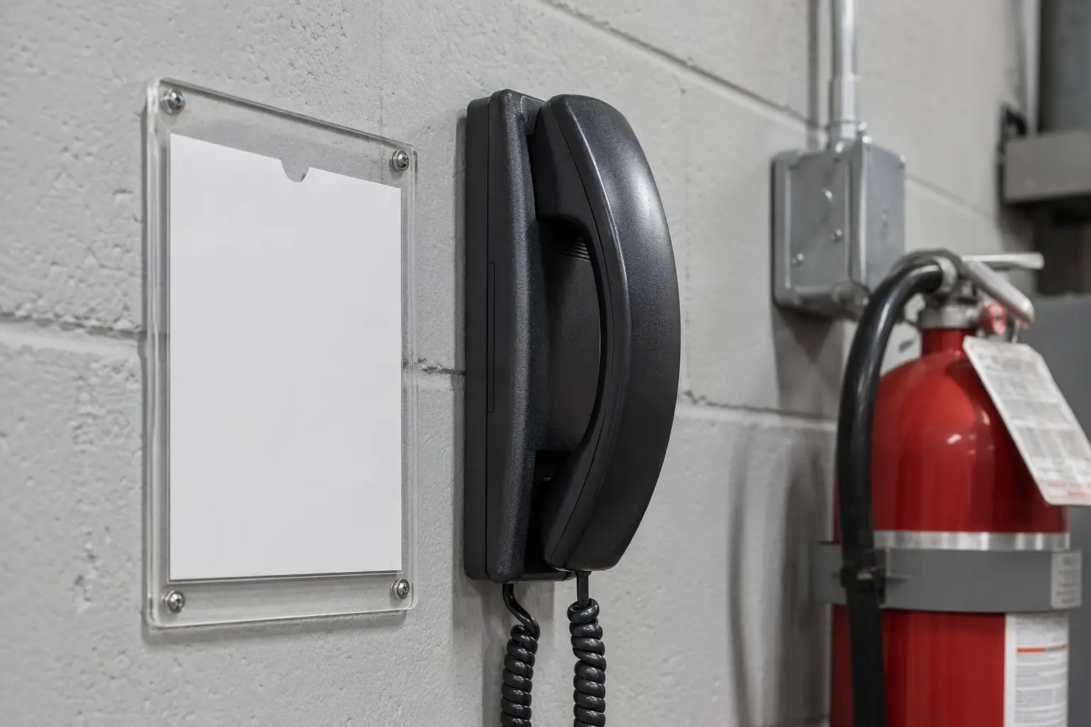 Emergency contact phone and laminated response card posted inside a commercial elevator machine room to ensure immediate breakdown response for building managers