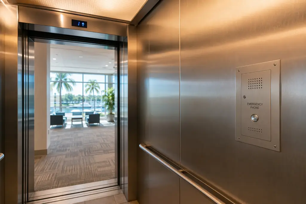 Two-way elevator emergency phone panel mounted inside a modern stainless-steel elevator cab in a Florida commercial building, used to contact help during entrapments.