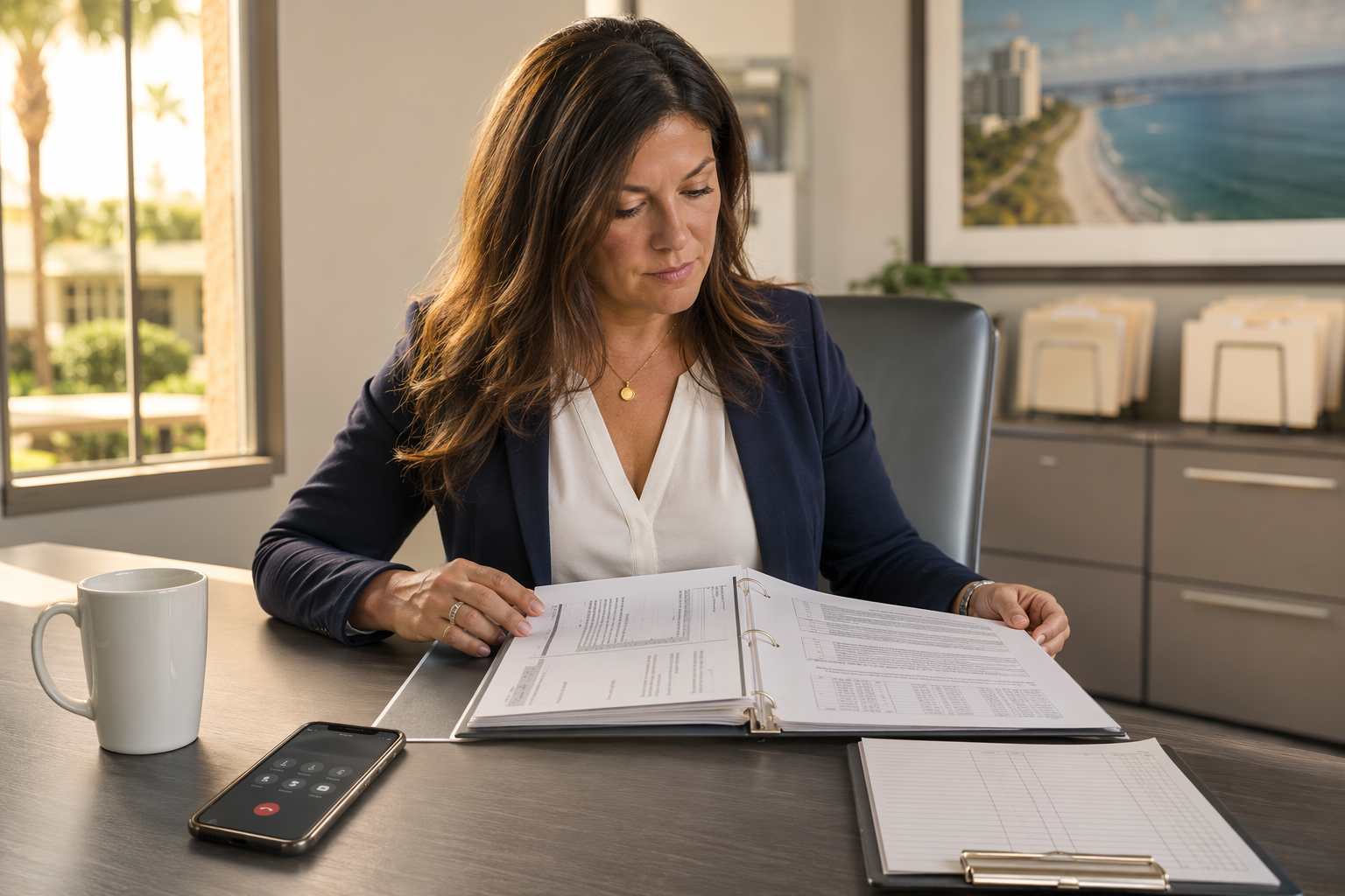Property manager in a Sarasota FL office reviewing elevator emergency contact compliance documentation and DBPR maintenance records at her desk.