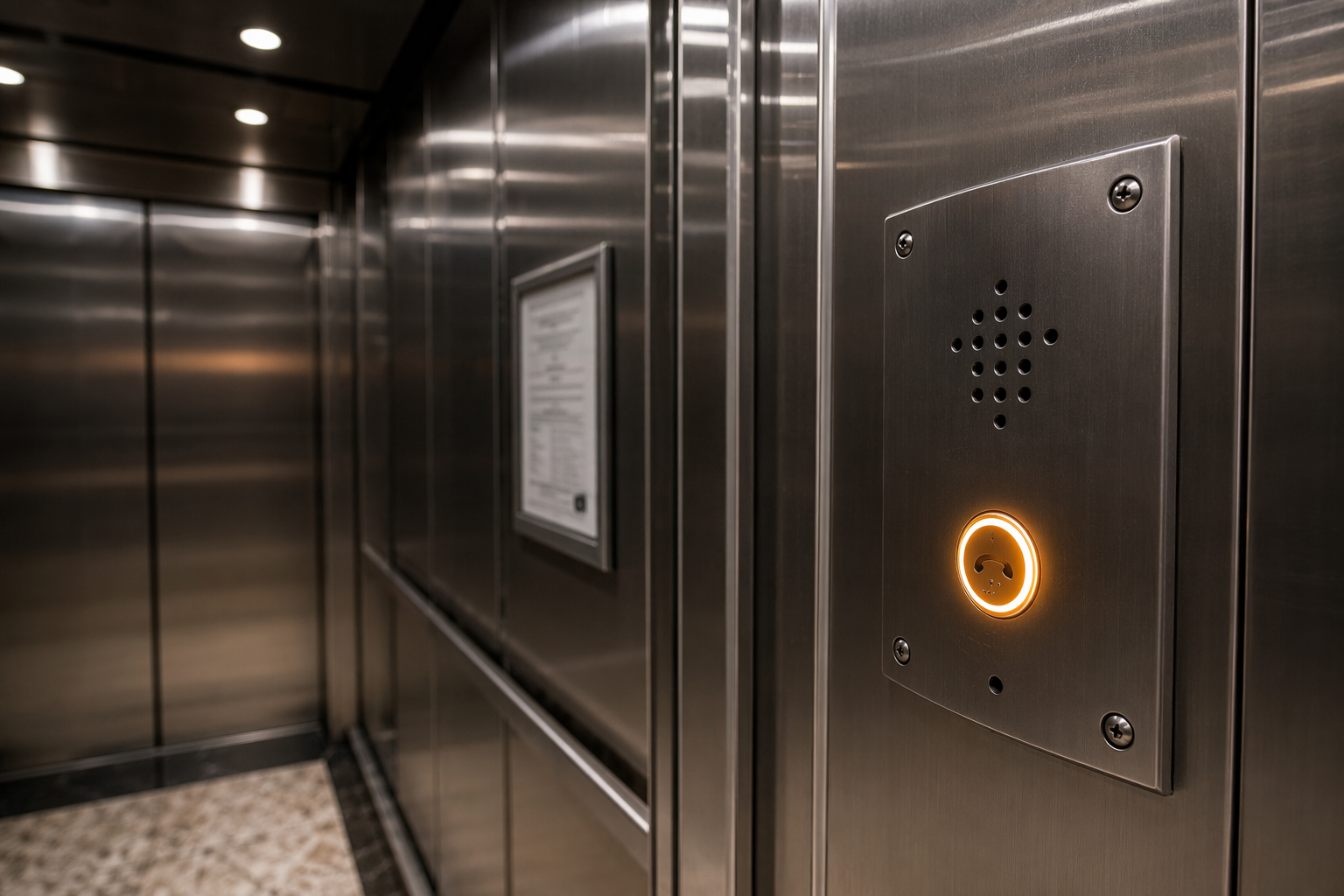 Illuminated ASME A17.1-required two-way emergency intercom panel glowing amber inside a stalled commercial elevator cab during an entrapment situation