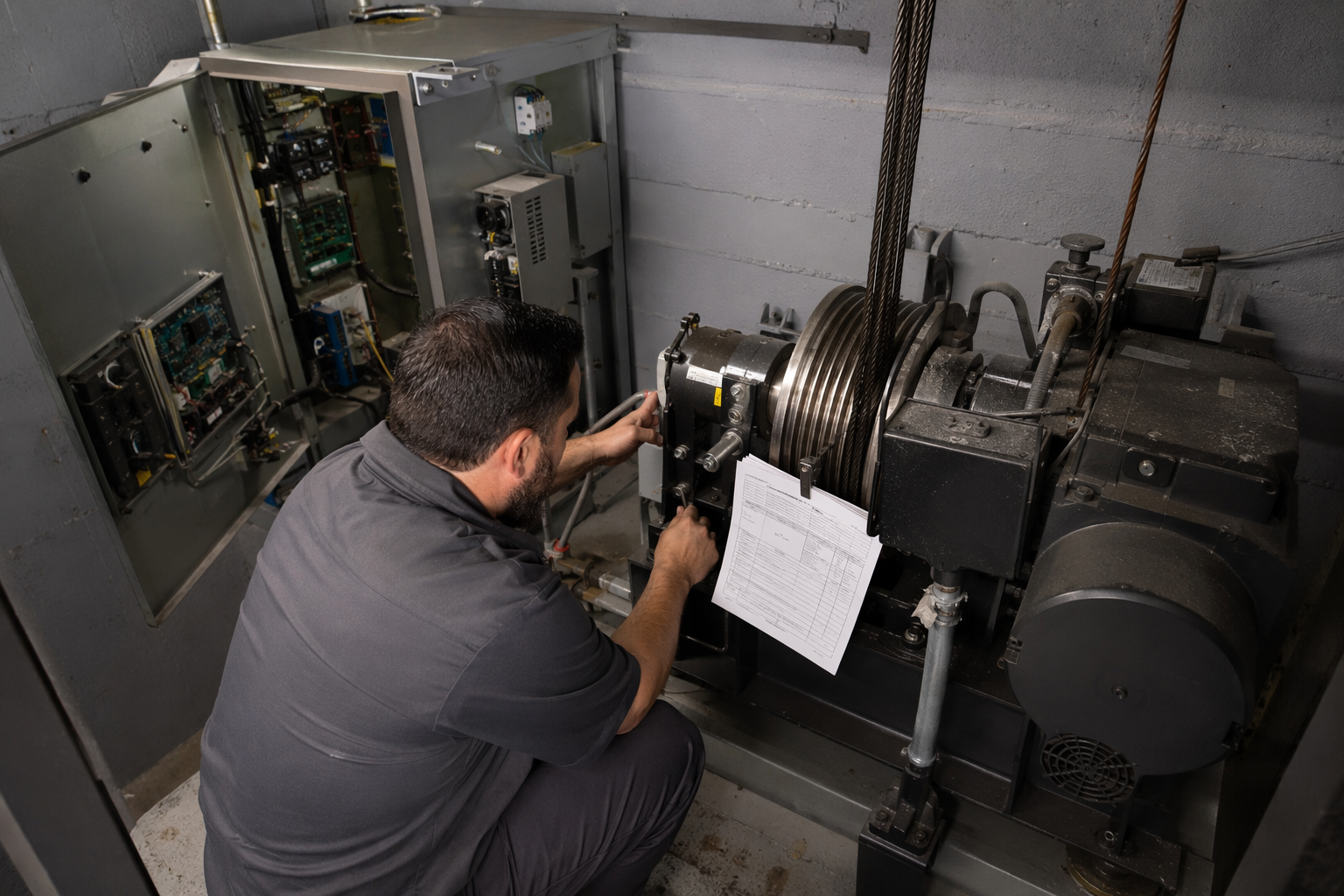 Licensed elevator technician performing manual brake release in machine room during elevator entrapment rescue procedure at a Florida residential mid-rise building