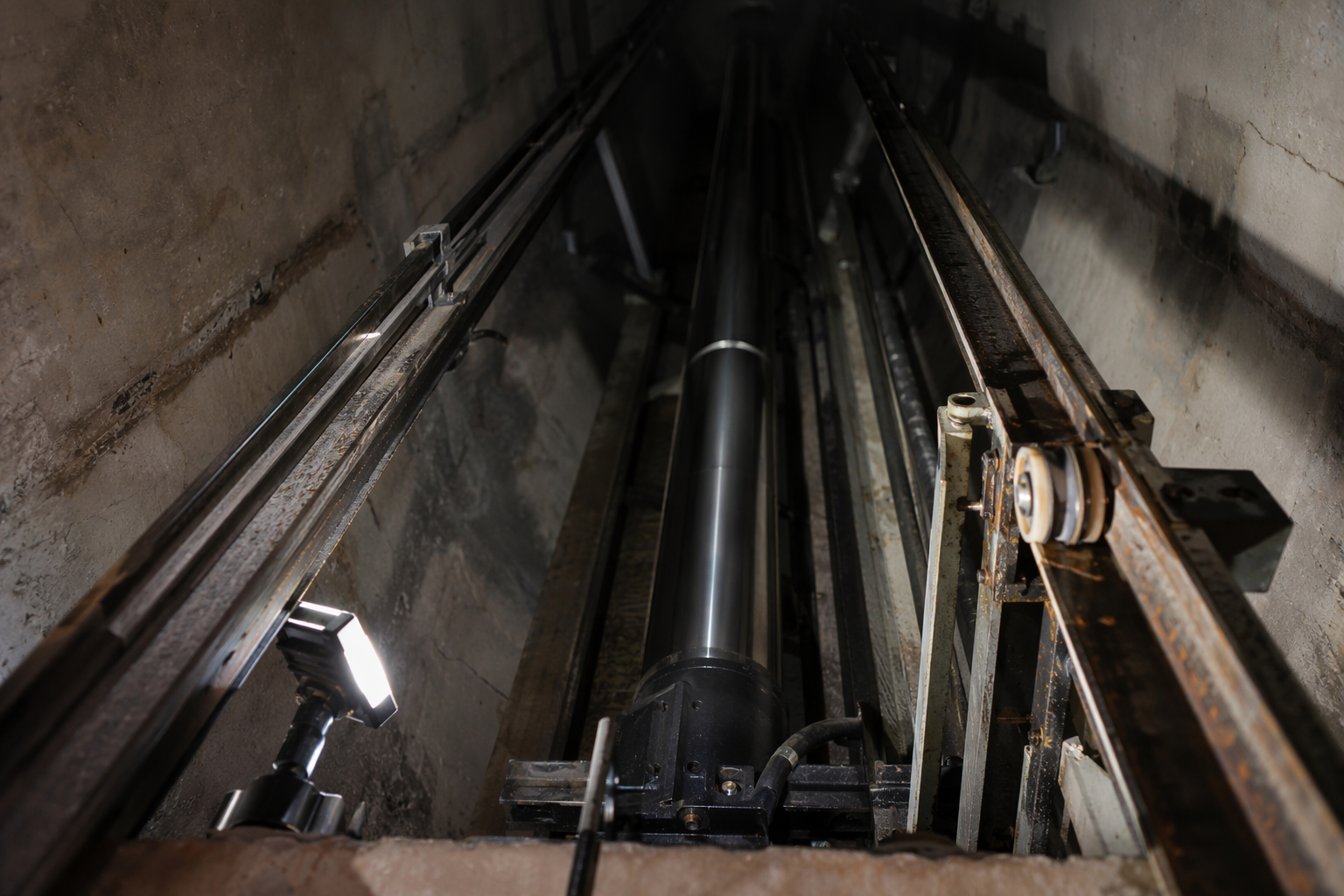 Elevator hoistway pit interior showing hydraulic cylinder and guide rails during an emergency safety inspection in a Sarasota Florida building