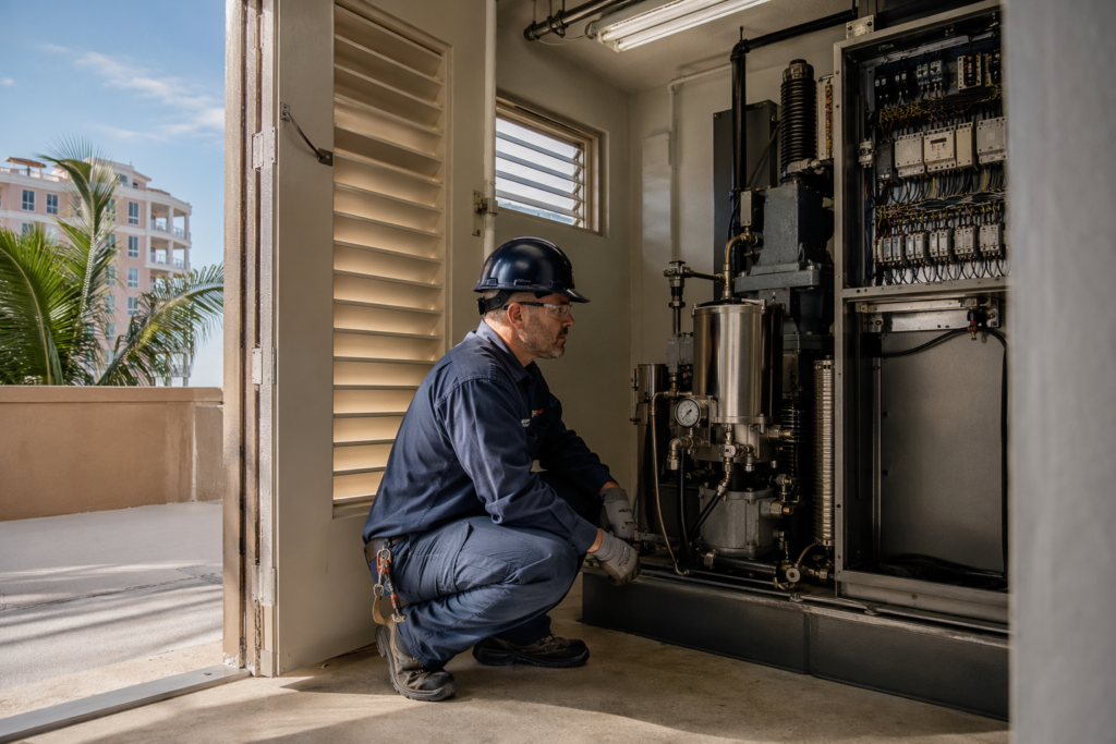 Licensed elevator technician inspecting hydraulic machine-room equipment in a Sarasota FL mid-rise building for emergency elevator repair service