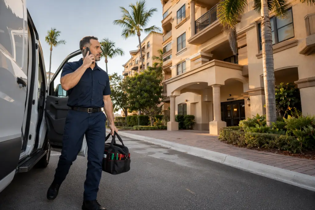 Licensed elevator technician arriving at a Pompano Beach Florida condominium building for emergency elevator repair, responding within hours of breakdown call