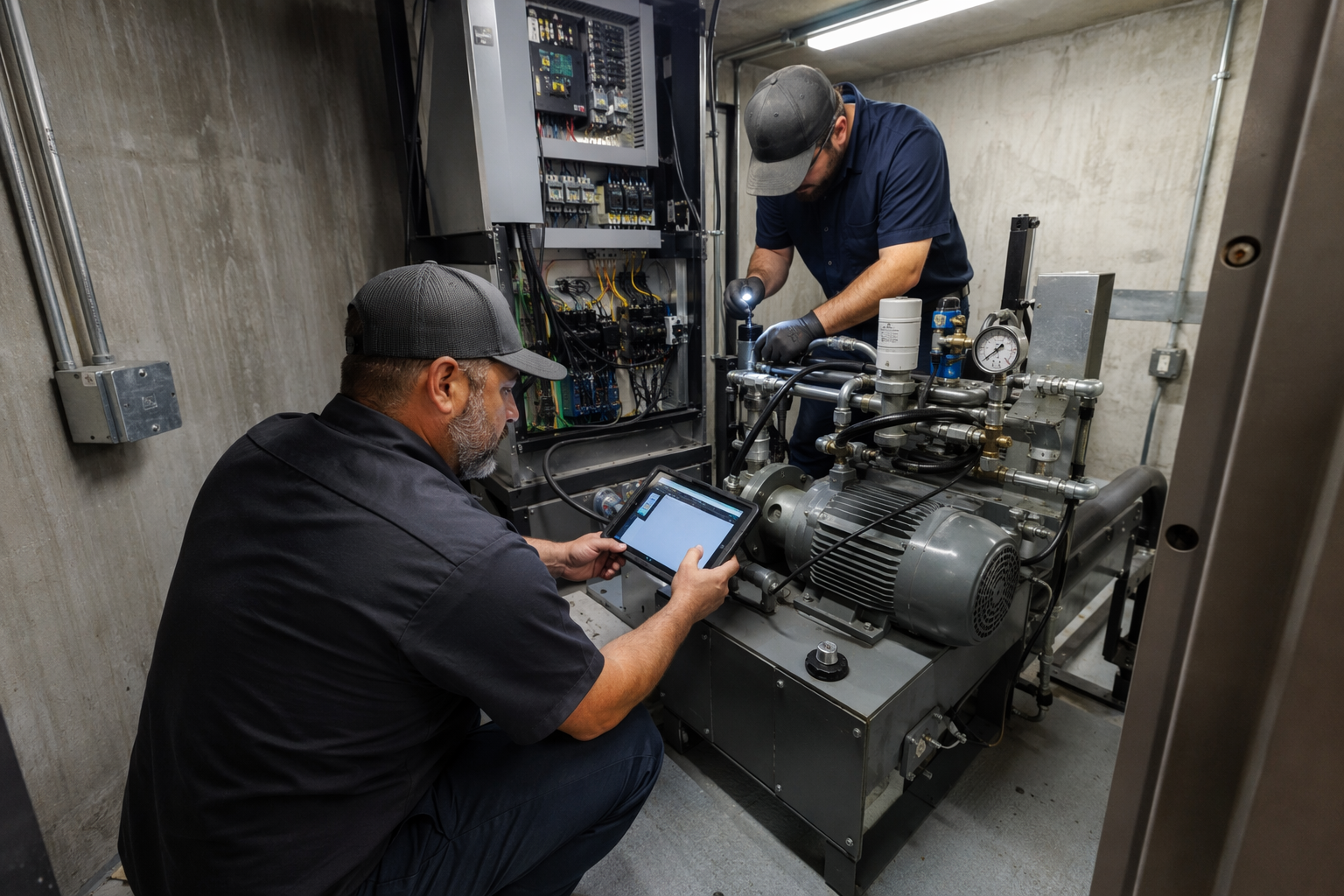 Elevator technicians diagnosing a hydraulic controller fault in a commercial building machine room to determine elevator repair time and parts needed