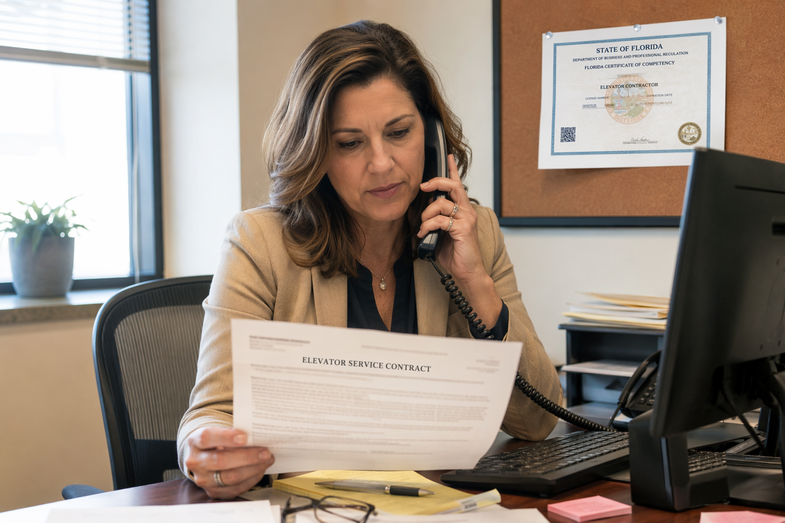 Property manager contacting a licensed Florida elevator repair contractor by phone while reviewing service documentation and state certification credentials