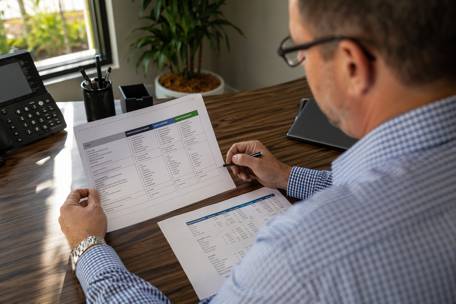Building manager reviewing elevator maintenance contract pricing tiers at a desk, comparing annual cost ranges for Florida elevator service agreements.