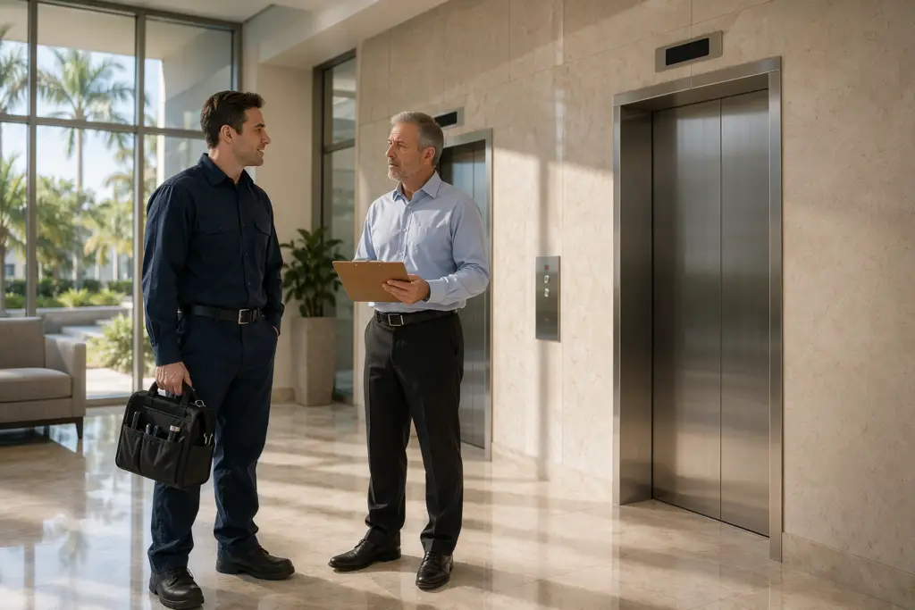Licensed elevator maintenance technician consulting with a building manager in a Florida mid-rise lobby, discussing annual elevator maintenance costs and service contracts.