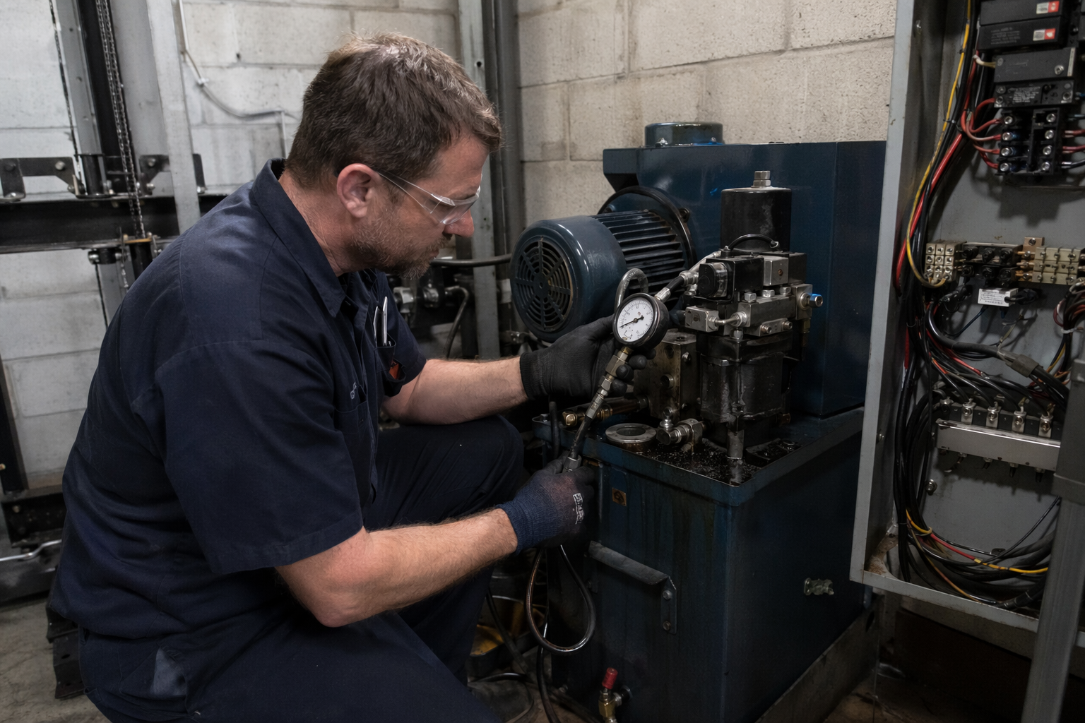 IUEC-certified elevator technician inspecting a hydraulic power unit in a Florida elevator machine room, a key factor in annual maintenance pricing.