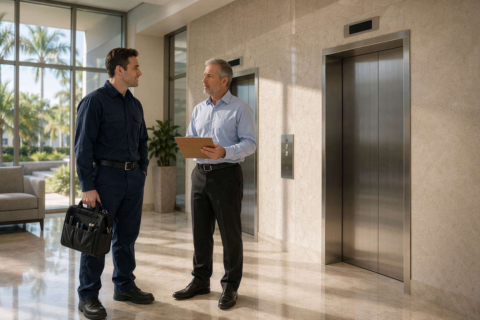 Licensed elevator maintenance technician consulting with a building manager in a Florida mid-rise lobby, discussing annual elevator maintenance costs and service contracts.