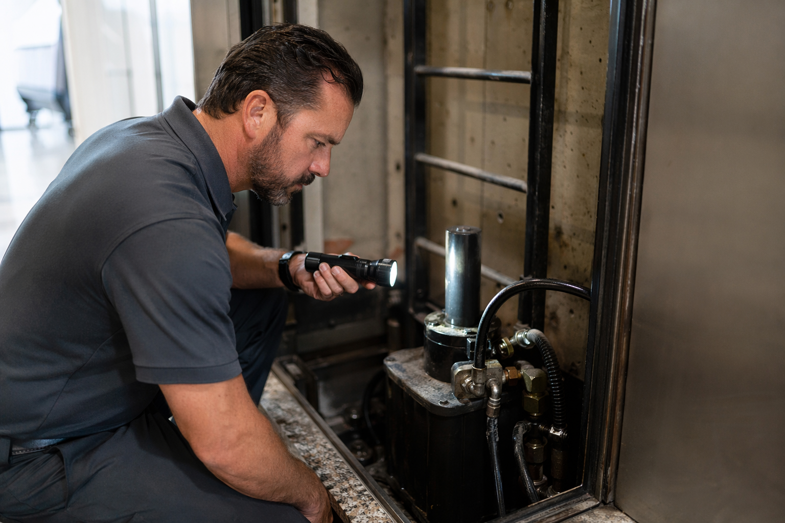 Licensed elevator inspector examining hydraulic elevator pit equipment during a Florida annual safety inspection required under Florida Statute 399