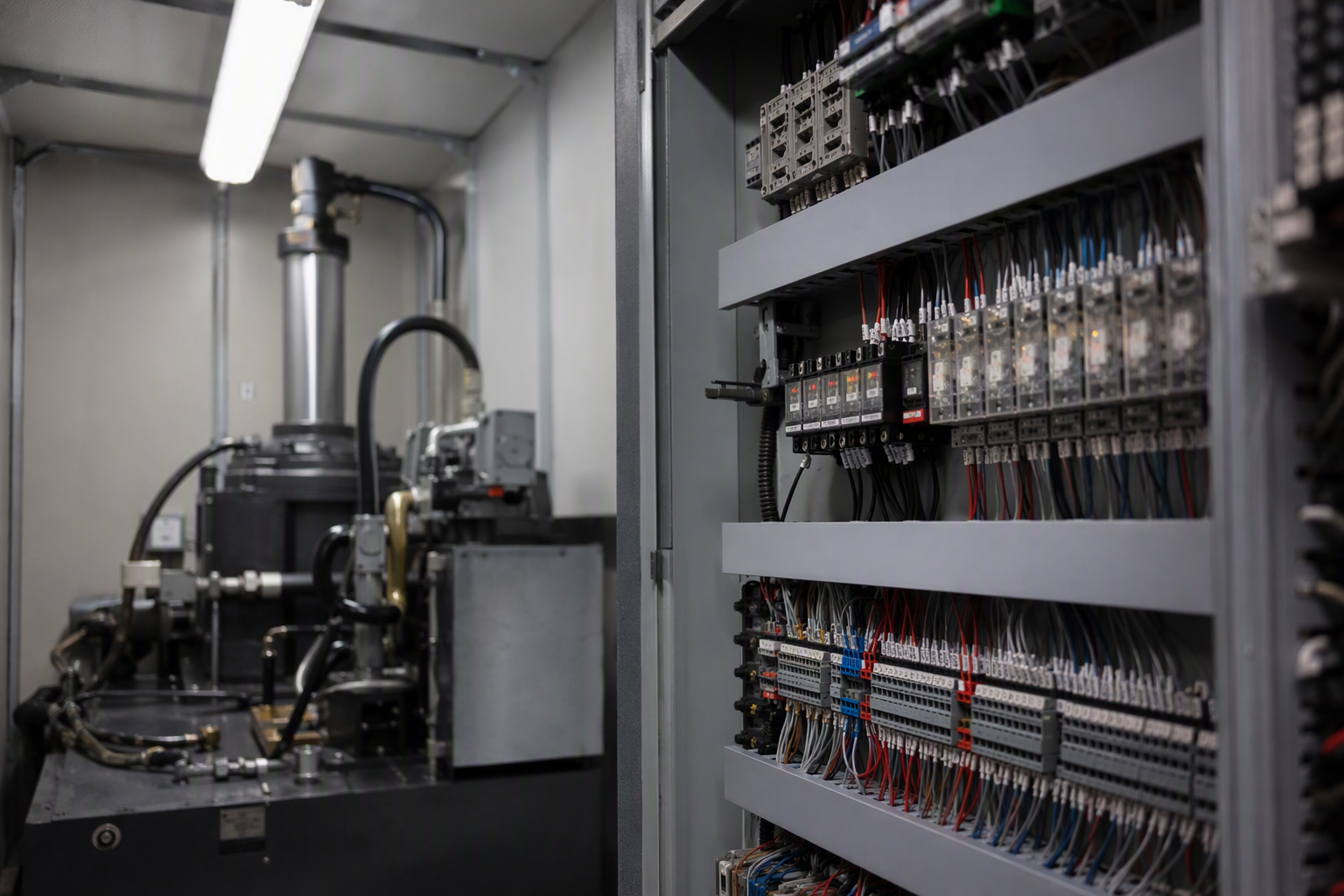 Hydraulic elevator machine room controller and power unit inside a Florida apartment building — elevator type and equipment age affect annual maintenance costs