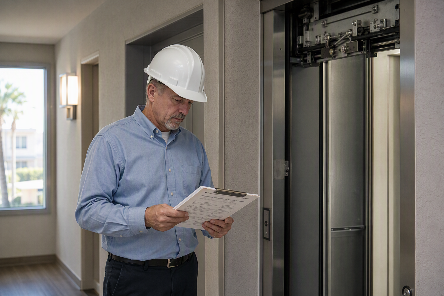 Elevator inspector reviewing Florida DBPR compliance inspection report in apartment building corridor — Florida elevator safety inspection requirements