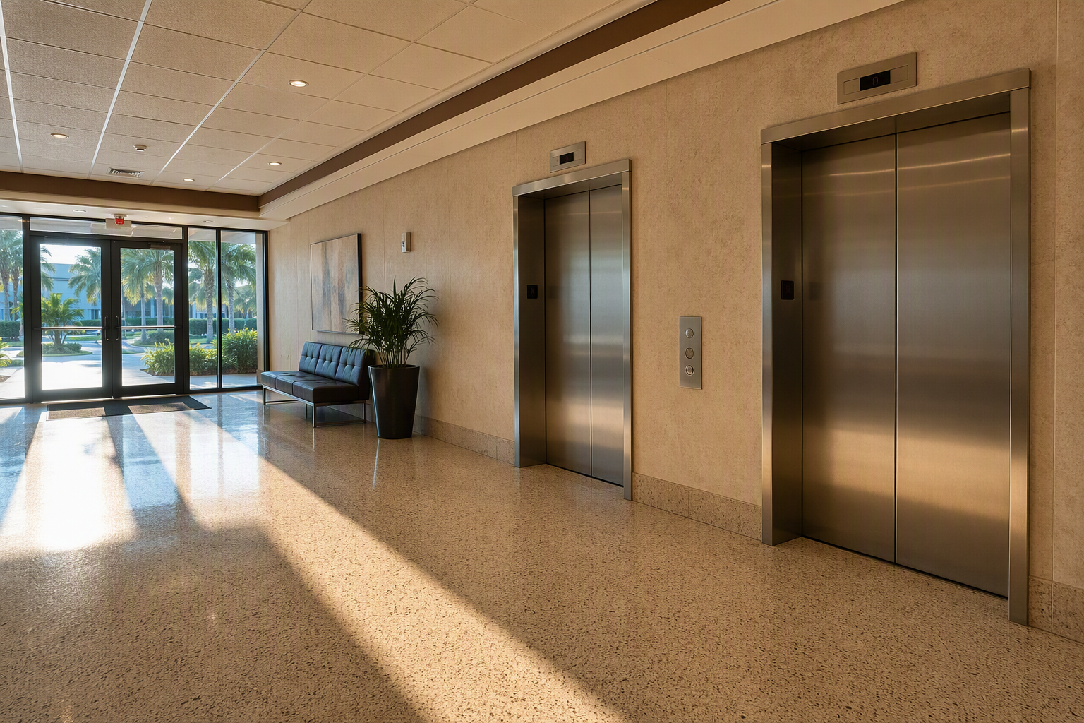 Apartment building elevator lobby in Pompano Beach FL showing two stainless-steel elevator doors and call buttons — annual elevator maintenance cost Florida