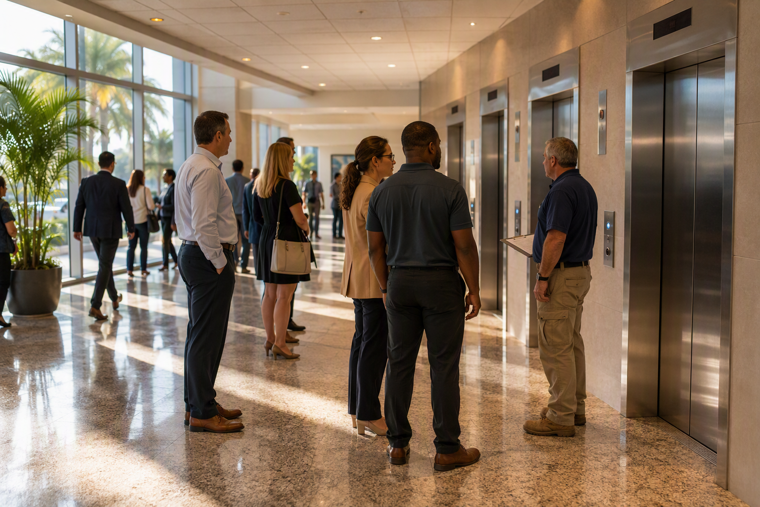 Busy commercial building lobby in South Florida with stainless-steel elevator doors and office workers — elevator accident statistics highlight passenger and worker risks