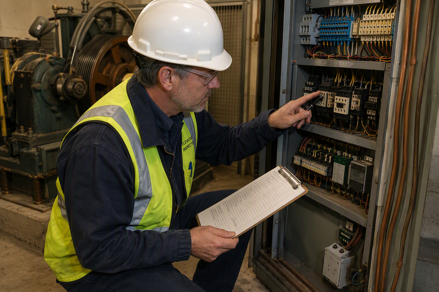 Elevator inspector reviewing a compliance checklist beside an open machine-room controller — routine inspections are key to reducing elevator accident statistics